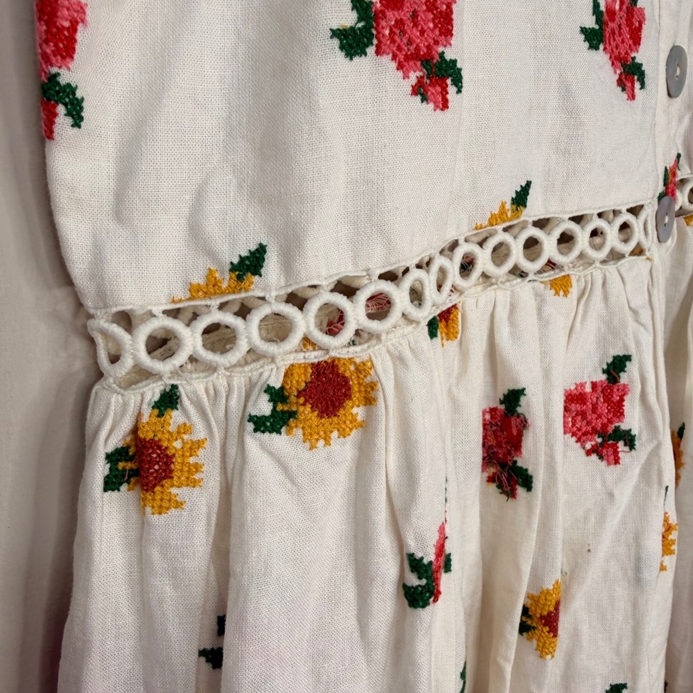 #11 FARM RIO Dress Sz. M PTP: 13" - 15" Floral Cross Stitch Linen Blend Crochet - Picture 4 of 11